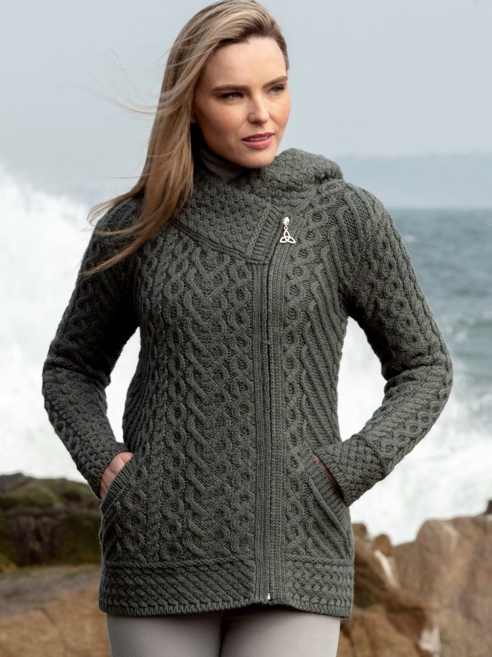 Aran Crafts Hooded Cable Knit Sweater - Gray